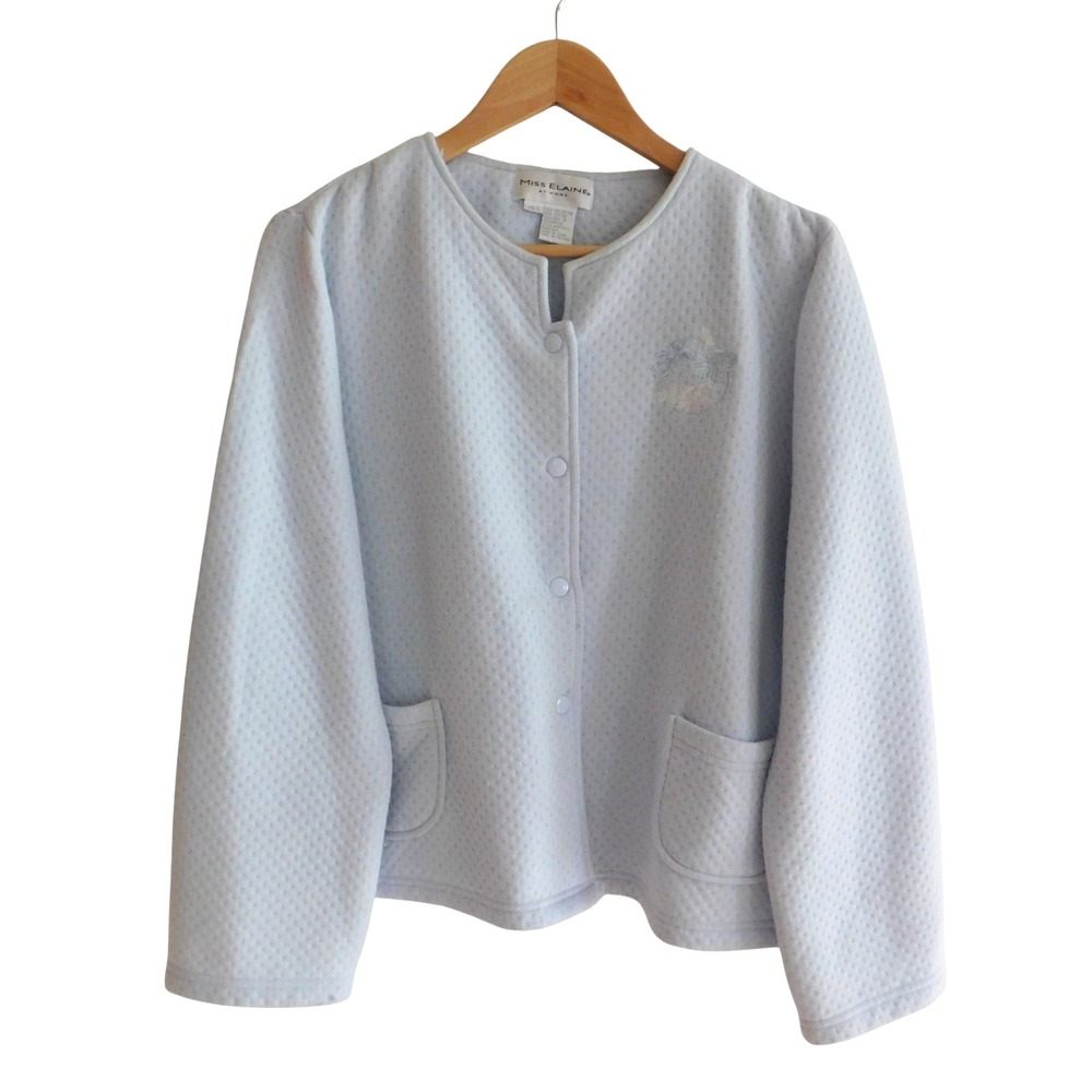 Vintage Style Miss Elaine Blue Bed Jacket Embroidered Snap Front Pockets Large